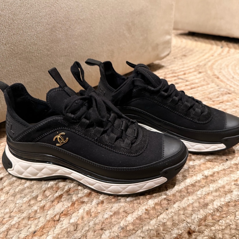 Chanel Quilted Sole Sneakers – Black with Gold CC – Original Box